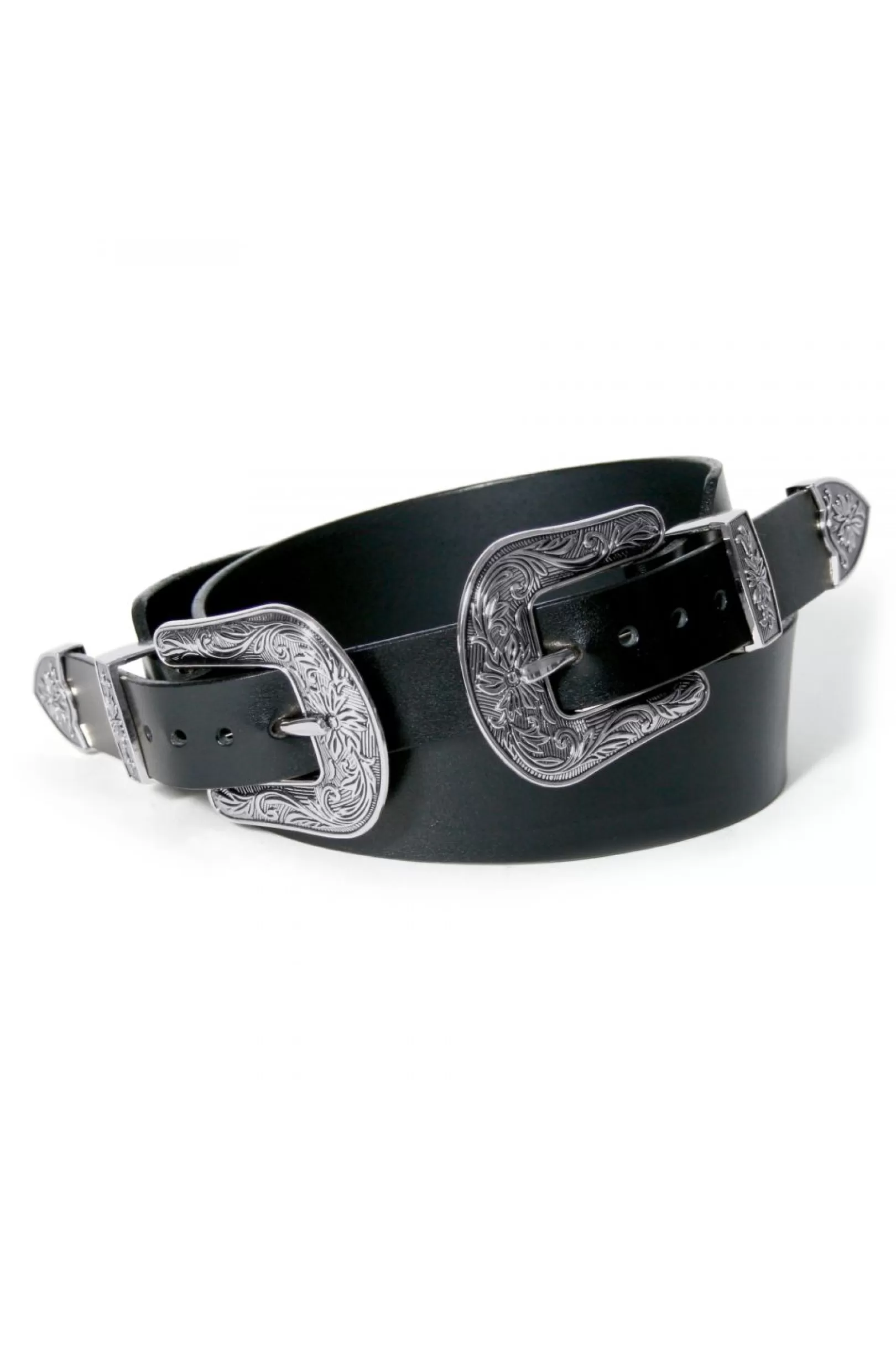 AGGI Belts^Leather Belt Two Black-Silver Ornament Buckles