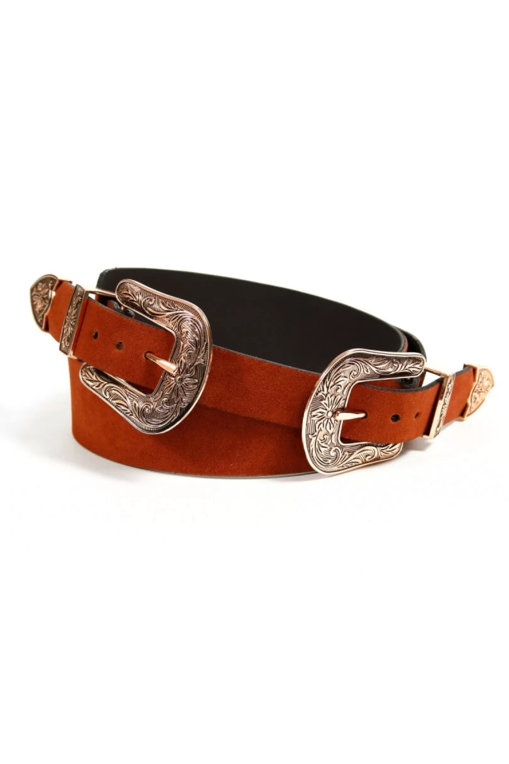 AGGI Belts^Pasek Skorzany Dwie Klamerki Ornament Cynamonowy Zamszowy